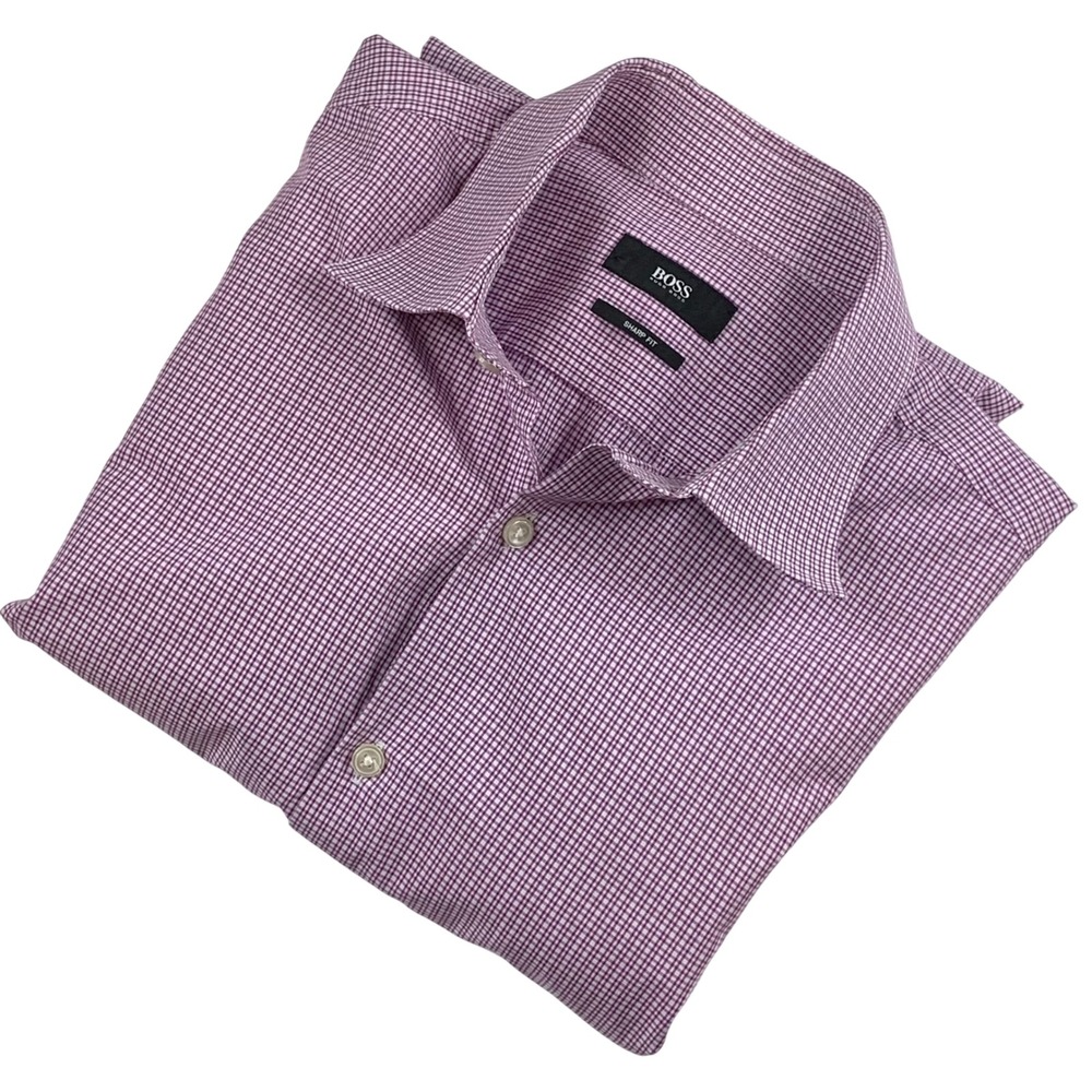Hugo Boss Sharp Fit Dress Shirt Mens 15.5 Purple Gingham Check Long Sleeve